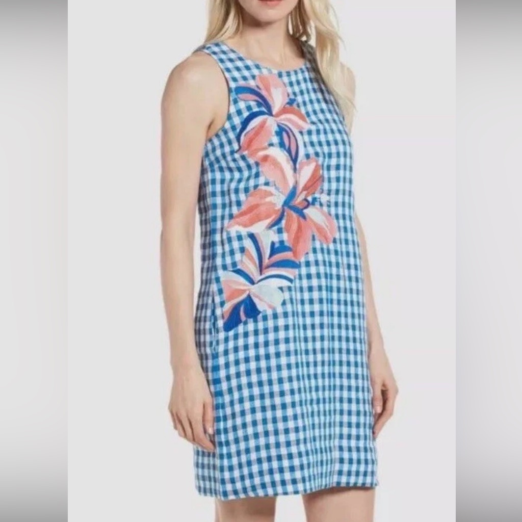 Tommy Bahama Blue And White Gingham Embroidered Dress